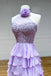 High Neck Hot Pink Prom Dress With Split, Ruffle Long Evening Gown