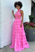 High Neck Hot Pink Prom Dress With Split, Ruffle Long Evening Gown