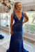 V Neck Royal Blue Sleeveless Mermaid Long Porm Dress Wtih Sequin