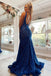 V Neck Royal Blue Sleeveless Mermaid Long Porm Dress Wtih Sequin