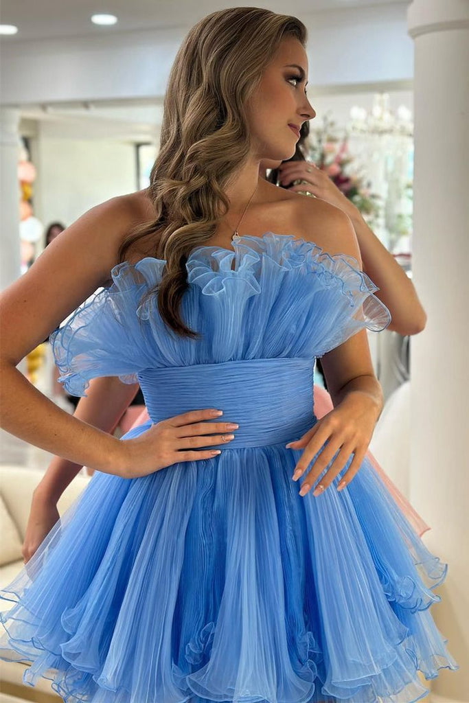Organza Sky Blue Tulle A Line Short Homecoming Dress With Ruffles