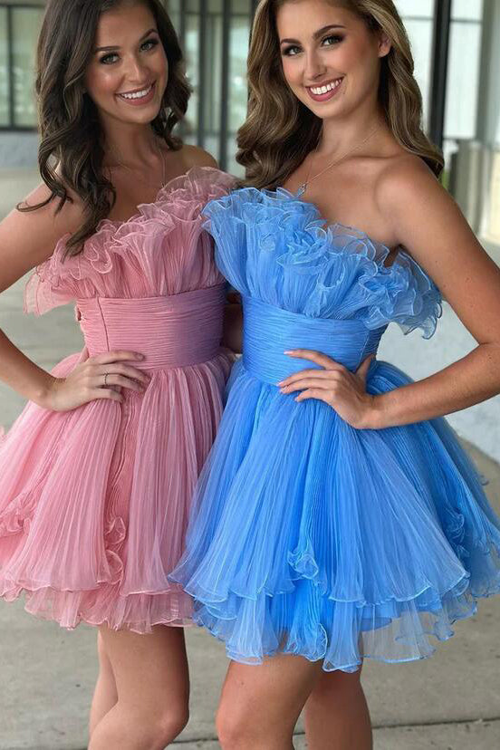 Organza Sky Blue Tulle A Line Short Homecoming Dress With Ruffles