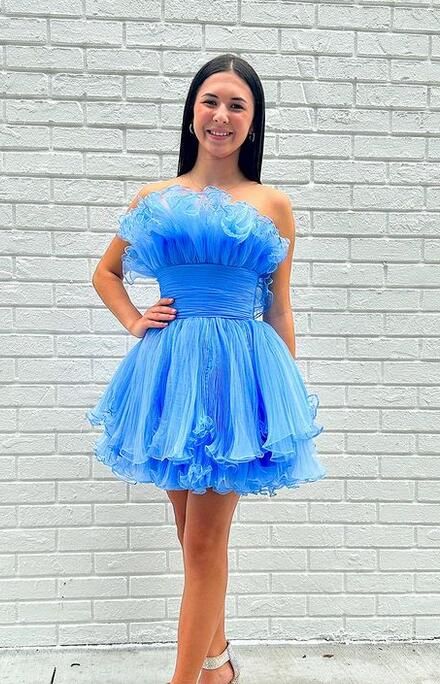 Organza Sky Blue Tulle A Line Short Homecoming Dress With Ruffles