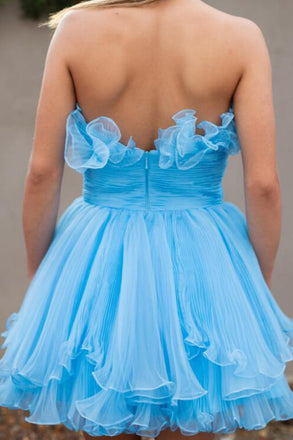 Organza Sky Blue Tulle A Line Short Homecoming Dress With Ruffles