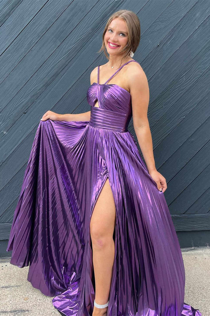 Long Prom Dress With Slit, Key Hole Gold Pleated Party Dress