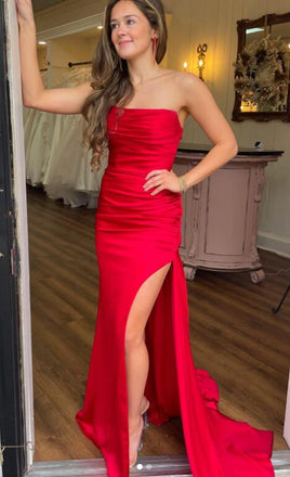 Simple Mermaid Strapless Red A Line Fashion Long Prom Dress With Slit