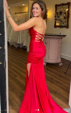 Simple Mermaid Strapless Red A Line Fashion Long Prom Dress With Slit