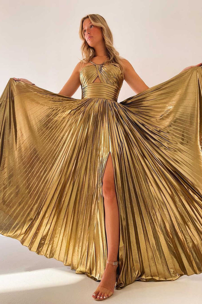 Long Prom Dress With Slit, Key Hole Gold Pleated Party Dress