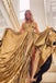 Long Prom Dress With Slit, Key Hole Gold Pleated Party Dress