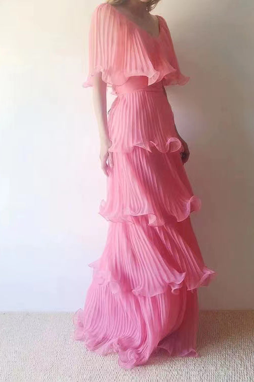 Long Prom Dresses With Layers, Off-the-Shoulder Pink Tulle Party Dress