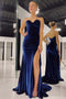 Sweetheart Navy Blue Long Prom Dress With Slit, Mermaid Velvet Formal Dress