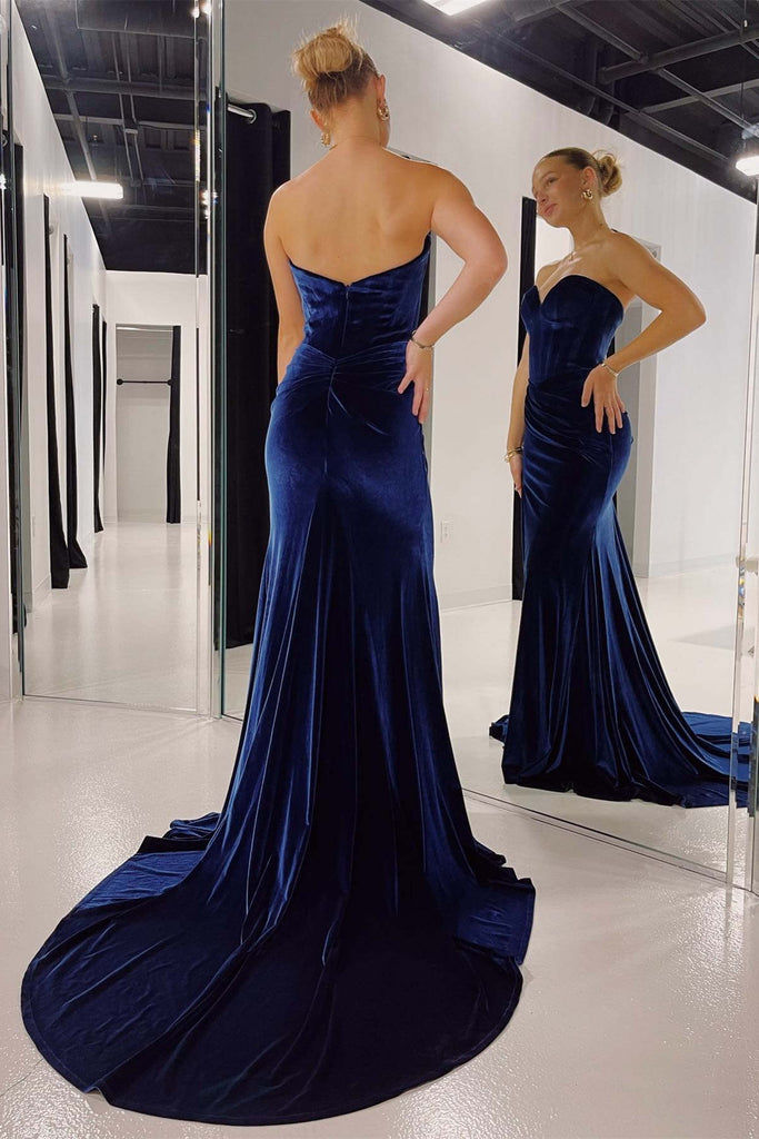 Sweetheart Navy Blue Long Prom Dress With Slit, Mermaid Velvet Formal Dress