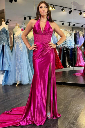 Magenta Satin Mermaid Halter Ruching Prom Dress Long Slit Formal Dress