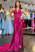 Magenta Satin Mermaid Halter Ruching Prom Dress Long Slit Formal Dress