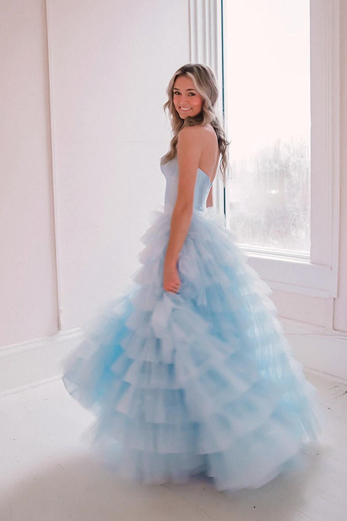 Long Prom Dress With Layered, Sweetheart Light Blue A-Line Slit Evening Dress