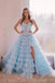 Long Prom Dress With Layered, Sweetheart Light Blue Corset A-Line Slit Evening Dress