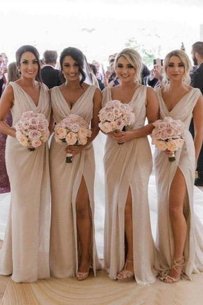 Cheap Off White V Neck Split Long Bridesmaid Dresses With Pleated
