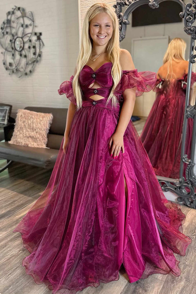 Sweetheart Royal Blue Keyhole Slit Long Prom Dress With Balloon Sleeves