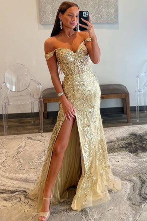 Off the Shoulder Gold Sequins Prom Dress, Mermaid Evening Dress With Slit