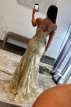 Off the Shoulder Gold Sequins Prom Dress, Mermaid Evening Dress With Slit