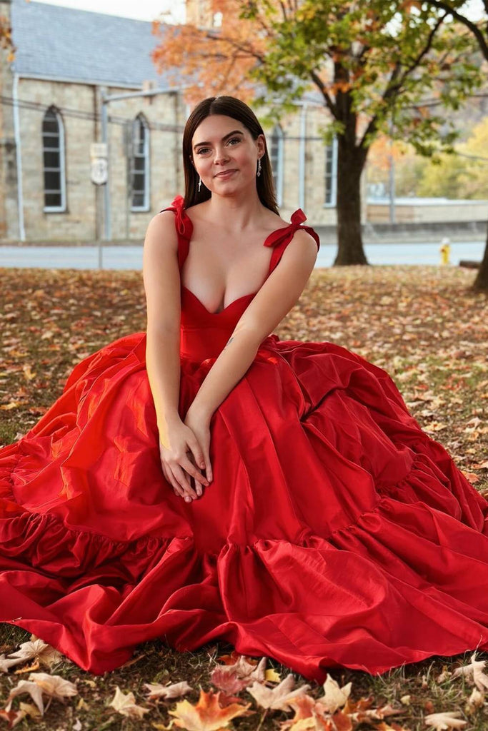 elegant red satin dress LaDivine BD104 Satin A-Line Prom Dress with Cowl Neckline and Thigh-High Slit