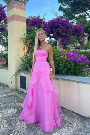 Cheap Hot Pink Strapless Organza A Line Sleeveless Long Evening Dress