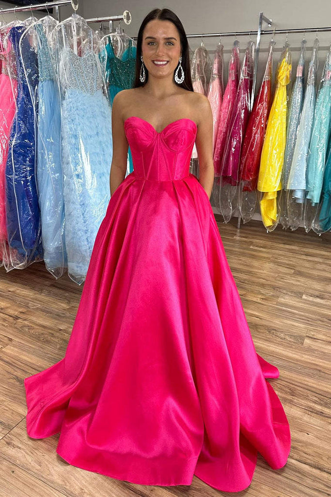 A Line Barbie Pink Corset Prom Dress With Pockets, Sweetheart Long Formal Gown