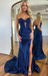 Mermaid Drak Blue Applique Split Long Prom Dress With Beading