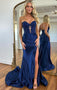 Mermaid Drak Blue Applique Split Long Prom Dress With Beading