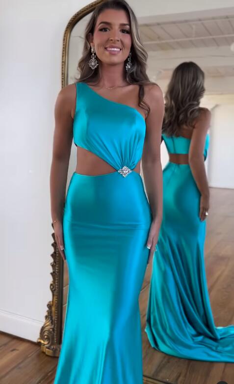 Unique Sky Blue Strapless One Shoulder Mermaid Long Evening Dress