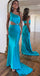 Unique Sky Blue Strapless One Shoulder Mermaid Long Evening Dress