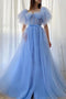 A Line Blue Short Sleeves Long Prom Dress With Split, Tulle Long Evening Dress