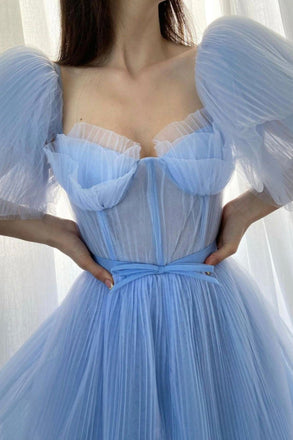 A Line Blue Short Sleeves Long Prom Dress With Split, Tulle Long Evening Dress