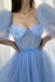 A Line Blue Short Sleeves Long Prom Dress With Split, Tulle Long Evening Dress