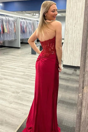 Strapless Burgundy Mermaid Split Long Prom Dress With Applique