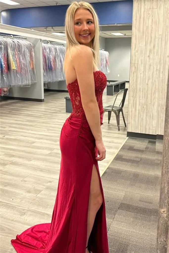 Strapless Burgundy Mermaid Split Long Prom Dress With Applique