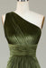 One Shoulder Olive Green Velvet Long Bridesmaid Dress With Pleated