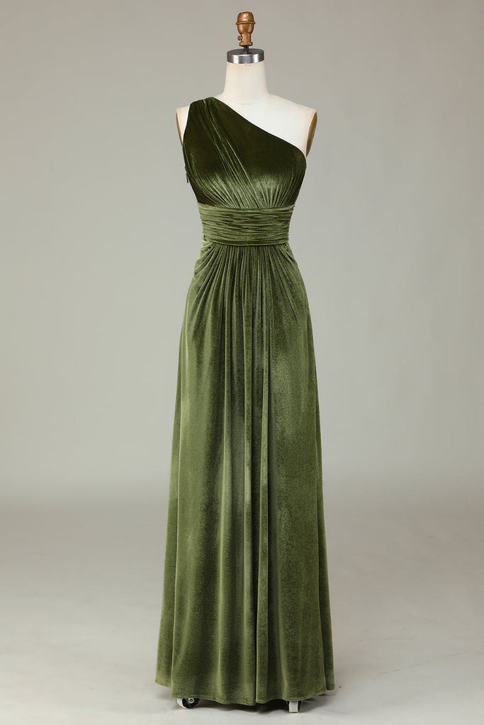 One Shoulder Olive Green Velvet Long Bridesmaid Dress With Pleated