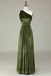 One Shoulder Olive Green Velvet Long Bridesmaid Dress With Pleated