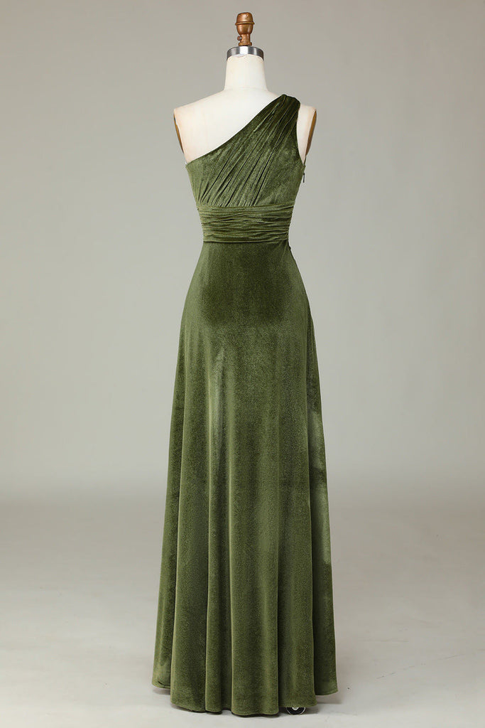 One Shoulder Olive Green Velvet Long Bridesmaid Dress With Pleated