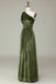 One Shoulder Olive Green Velvet Long Bridesmaid Dress With Pleated