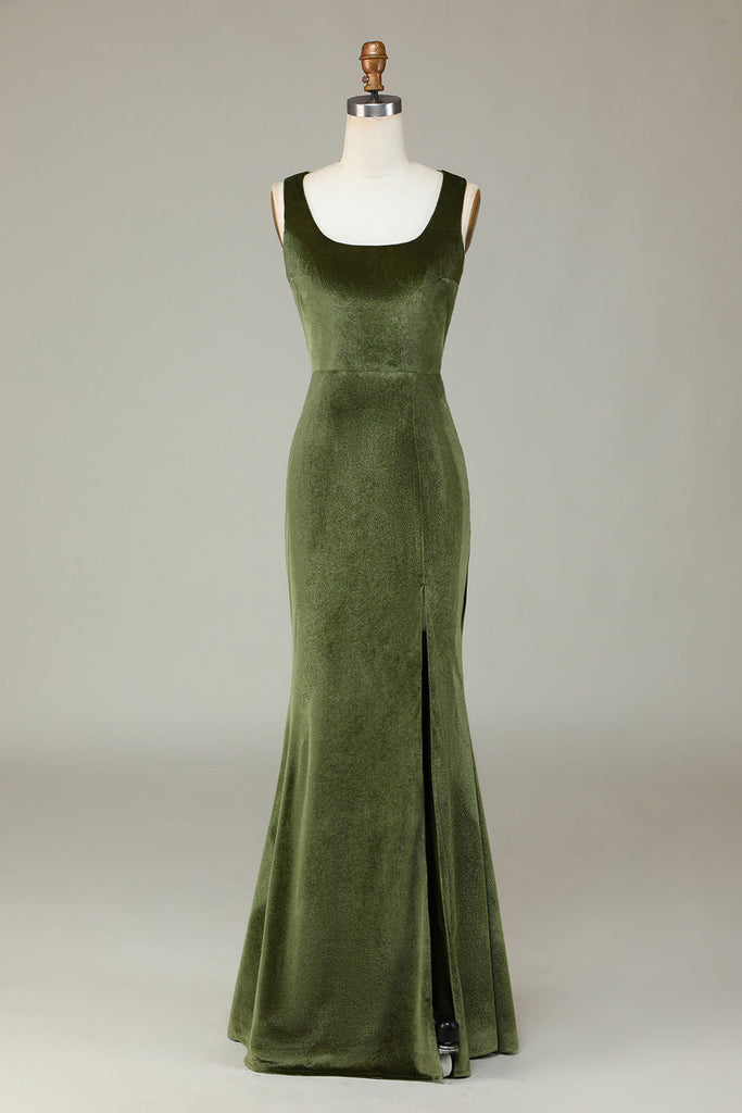 Velvet Olive Green Sleeveless Long Bridesmaid Dress With Slit