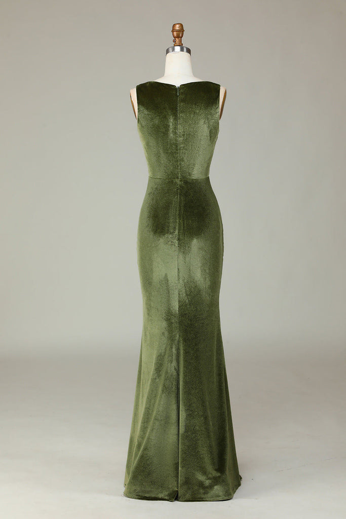 Velvet Olive Green Sleeveless Long Bridesmaid Dress With Slit