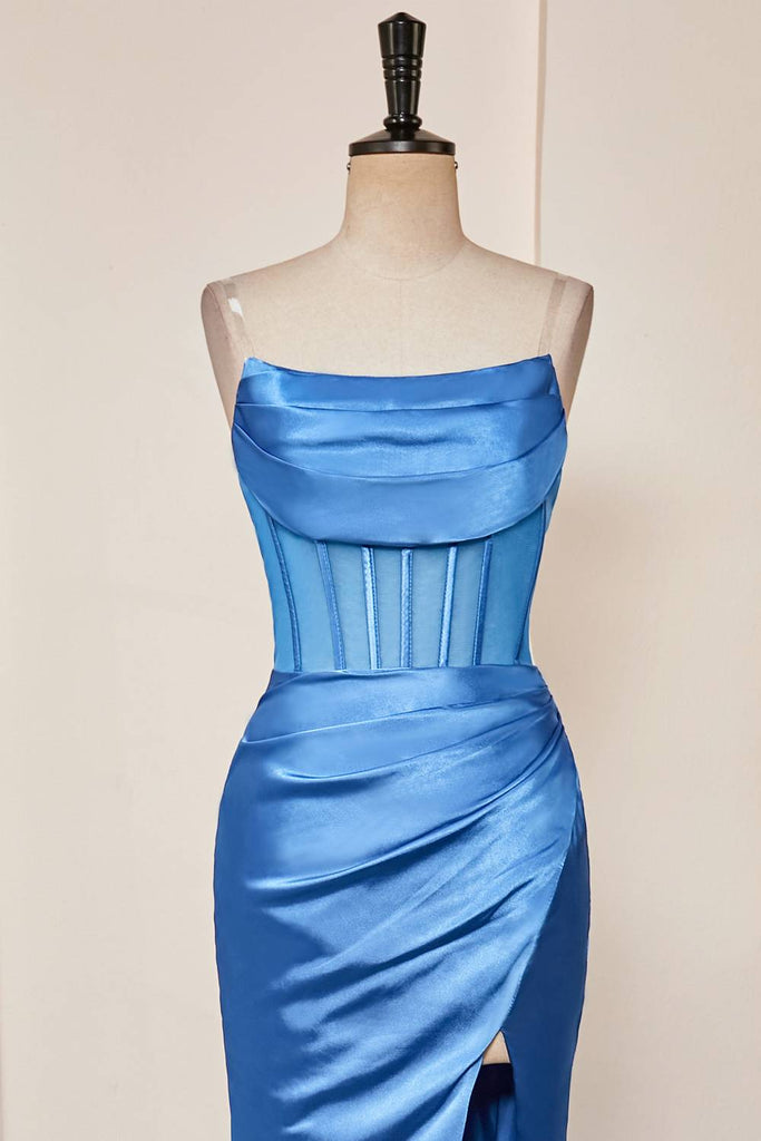 Strapless Blue Mermaid Ruched Long Party Dress With Slit
