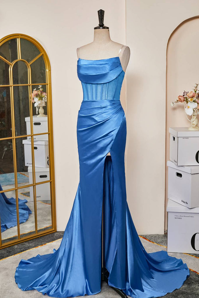 Strapless Blue Mermaid Ruched Long Party Dress With Slit