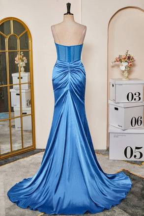 Strapless Blue Mermaid Ruched Long Party Dress With Slit