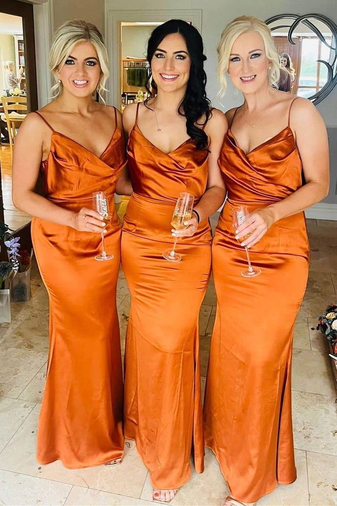 Pumpkin Straps Cowl Neck Sleeveless Mermaid Long Bridesmaid Dress