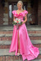 Hot Pink A Line Ruffles Long Formal Dress V Neck Prom Dress With Slit