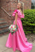 Hot Pink A Line Ruffles Long Formal Dress V Neck Prom Dress With Slit