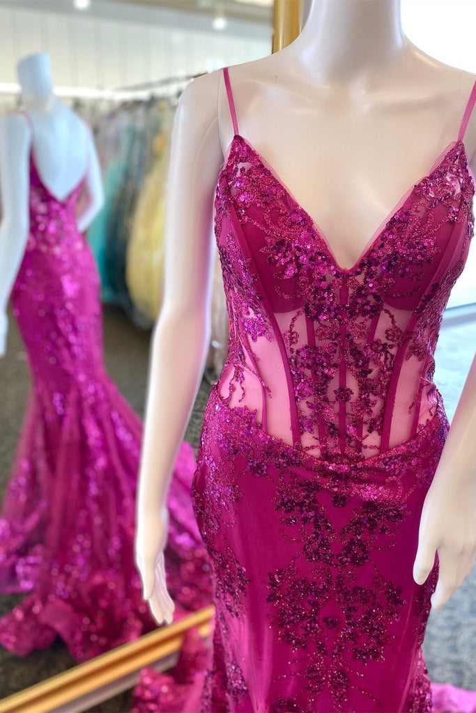 Mermaid Fuchsia V Neck Long Prom Dress With Embroidery Sequined